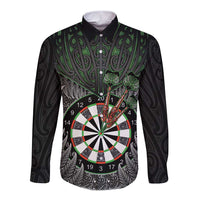 Personalised New Zealand Darts Long Sleeve Button Shirt Dartboard Maori Fern Puhoro Art LT14 Unisex Black - Polynesian Pride
