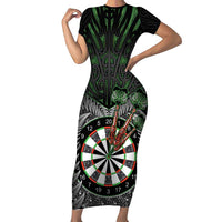Personalised New Zealand Darts Short Sleeve Bodycon Dress Dartboard Maori Fern Puhoro Art LT14 Long Dress Black - Polynesian Pride