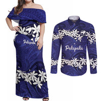 Personalised Cook Islands Pukapuka Couples Matching Off Shoulder Maxi Dress and Long Sleeve Button Shirt Tiare Maori Polynesian Waves Tattoo LT14 Blue - Polynesian Pride