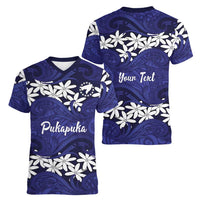 Personalised Cook Islands Pukapuka Women V-Neck T-Shirt Tiare Maori Polynesian Waves Tattoo LT14 - Polynesian Pride