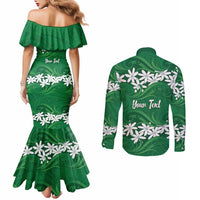 Personalised Cook Islands Rarotonga Couples Matching Mermaid Dress and Long Sleeve Button Shirt Tiare Maori Polynesian Waves Tattoo LT14 - Polynesian Pride