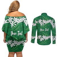 Personalised Cook Islands Rarotonga Couples Matching Off Shoulder Short Dress and Long Sleeve Button Shirt Tiare Maori Polynesian Waves Tattoo LT14 - Polynesian Pride