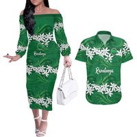 Personalised Cook Islands Rarotonga Couples Matching Off The Shoulder Long Sleeve Dress and Hawaiian Shirt Tiare Maori Polynesian Waves Tattoo LT14 Green - Polynesian Pride