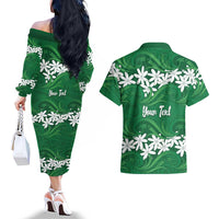 Personalised Cook Islands Rarotonga Couples Matching Off The Shoulder Long Sleeve Dress and Hawaiian Shirt Tiare Maori Polynesian Waves Tattoo LT14 - Polynesian Pride