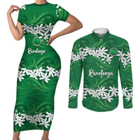 Personalised Cook Islands Rarotonga Couples Matching Short Sleeve Bodycon Dress and Long Sleeve Button Shirt Tiare Maori Polynesian Waves Tattoo LT14 Green - Polynesian Pride
