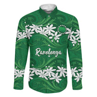 Personalised Cook Islands Rarotonga Family Matching Off Shoulder Maxi Dress and Hawaiian Shirt Tiare Maori Polynesian Waves Tattoo LT14 Dad's Shirt - Long Sleeve Green - Polynesian Pride