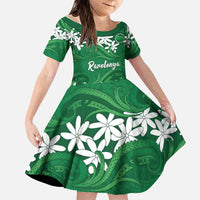 Personalised Cook Islands Rarotonga Family Matching Puletasi and Hawaiian Shirt Tiare Maori Polynesian Waves Tattoo LT14 Daughter's Dress Green - Polynesian Pride