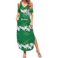 Personalised Cook Islands Rarotonga Family Matching Summer Maxi Dress and Hawaiian Shirt Tiare Maori Polynesian Waves Tattoo LT14 Mom's Dress Green - Polynesian Pride