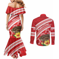 Kingdom Of Tonga Emancipation Day Couples Matching Mermaid Dress and Long Sleeve Button Shirt Tongan Ngatu With Kumete Red LT14 - Polynesian Pride