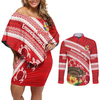 Kingdom Of Tonga Emancipation Day Couples Matching Off Shoulder Short Dress and Long Sleeve Button Shirt Tongan Ngatu With Kumete Red LT14 Red - Polynesian Pride
