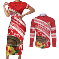 Kingdom Of Tonga Emancipation Day Couples Matching Short Sleeve Bodycon Dress and Long Sleeve Button Shirt Tongan Ngatu With Kumete Red LT14 Red - Polynesian Pride