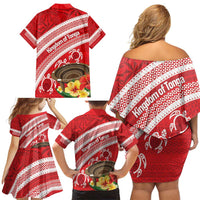 Kingdom Of Tonga Emancipation Day Family Matching Off Shoulder Short Dress and Hawaiian Shirt Tongan Ngatu With Kumete Red LT14 - Polynesian Pride