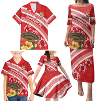 Kingdom Of Tonga Emancipation Day Family Matching Puletasi and Hawaiian Shirt Tongan Ngatu With Kumete Red LT14 - Polynesian Pride