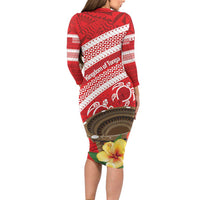 Kingdom Of Tonga Emancipation Day Long Sleeve Bodycon Dress Tongan Ngatu With Kumete Red LT14 - Polynesian Pride