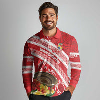 Kingdom Of Tonga Emancipation Day Long Sleeve Polo Shirt Tongan Ngatu With Kumete Red LT14 - Polynesian Pride