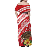 Kingdom Of Tonga Emancipation Day Off Shoulder Maxi Dress Tongan Ngatu With Kumete Red LT14 - Polynesian Pride