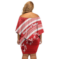 Kingdom Of Tonga Emancipation Day Off Shoulder Short Dress Tongan Ngatu With Kumete Red LT14 - Polynesian Pride