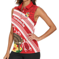 Kingdom Of Tonga Emancipation Day Women Sleeveless Polo Shirt Tongan Ngatu With Kumete Red LT14 - Polynesian Pride