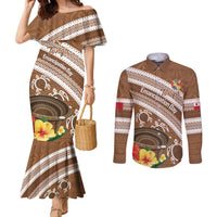 Kingdom Of Tonga Emancipation Day Couples Matching Mermaid Dress and Long Sleeve Button Shirt Tongan Ngatu With Kumete Brown LT14 Brown - Polynesian Pride