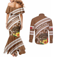 Kingdom Of Tonga Emancipation Day Couples Matching Mermaid Dress and Long Sleeve Button Shirt Tongan Ngatu With Kumete Brown LT14 - Polynesian Pride