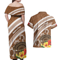 Kingdom Of Tonga Emancipation Day Couples Matching Off Shoulder Maxi Dress and Hawaiian Shirt Tongan Ngatu With Kumete Brown LT14 - Polynesian Pride