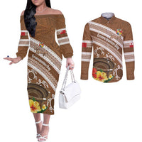 Kingdom Of Tonga Emancipation Day Couples Matching Off The Shoulder Long Sleeve Dress and Long Sleeve Button Shirt Tongan Ngatu With Kumete Brown LT14 Brown - Polynesian Pride