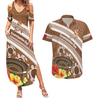 Kingdom Of Tonga Emancipation Day Couples Matching Summer Maxi Dress and Hawaiian Shirt Tongan Ngatu With Kumete Brown LT14 Brown - Polynesian Pride