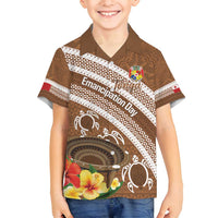 Kingdom Of Tonga Emancipation Day Family Matching Off Shoulder Maxi Dress and Hawaiian Shirt Tongan Ngatu With Kumete Brown LT14 Son's Shirt Brown - Polynesian Pride