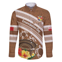Kingdom Of Tonga Emancipation Day Family Matching Off Shoulder Short Dress and Hawaiian Shirt Tongan Ngatu With Kumete Brown LT14 Dad's Shirt - Long Sleeve Brown - Polynesian Pride