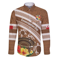 Kingdom Of Tonga Emancipation Day Family Matching Puletasi and Hawaiian Shirt Tongan Ngatu With Kumete Brown LT14 Dad's Shirt - Long Sleeve Brown - Polynesian Pride