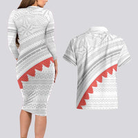 Tonga White Sunday Couples Matching Long Sleeve Bodycon Dress and Hawaiian Shirt Heilala Flowers Tongan Ngatu Pattern LT14 - Polynesian Pride
