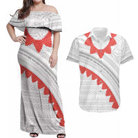 Tonga White Sunday Couples Matching Off Shoulder Maxi Dress and Hawaiian Shirt Heilala Flowers Tongan Ngatu Pattern LT14 White - Polynesian Pride