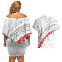 Tonga White Sunday Couples Matching Off Shoulder Short Dress and Hawaiian Shirt Heilala Flowers Tongan Ngatu Pattern LT14 - Polynesian Pride