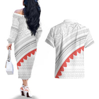 Tonga White Sunday Couples Matching Off The Shoulder Long Sleeve Dress and Hawaiian Shirt Heilala Flowers Tongan Ngatu Pattern LT14 - Polynesian Pride