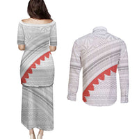 Tonga White Sunday Couples Matching Puletasi and Long Sleeve Button Shirt Heilala Flowers Tongan Ngatu Pattern