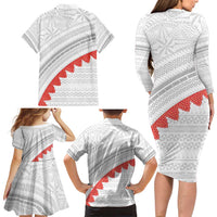 Tonga White Sunday Family Matching Long Sleeve Bodycon Dress and Hawaiian Shirt Heilala Flowers Tongan Ngatu Pattern LT14 - Polynesian Pride