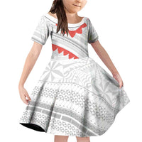 Tonga White Sunday Family Matching Off Shoulder Short Dress and Hawaiian Shirt Heilala Flowers Tongan Ngatu Pattern LT14 Daughter's Dress White - Polynesian Pride
