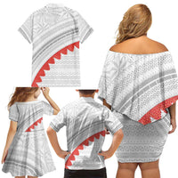 Tonga White Sunday Family Matching Off Shoulder Short Dress and Hawaiian Shirt Heilala Flowers Tongan Ngatu Pattern LT14 - Polynesian Pride