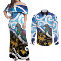 Kekeru New Zealand Matariki Couples Matching Off Shoulder Maxi Dress and Long Sleeve Button Shirt Kukupa Kowhai Maori New Year Blue Version LT14 Blue - Polynesian Pride
