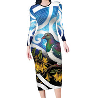 Kekeru New Zealand Matariki Family Matching Long Sleeve Bodycon Dress and Hawaiian Shirt Kukupa Kowhai Maori New Year Blue Version LT14 Mom's Dress Blue - Polynesian Pride