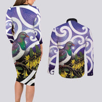 Kekeru New Zealand Matariki Couples Matching Long Sleeve Bodycon Dress and Long Sleeve Button Shirt Kukupa Kowhai Maori New Year Purple Version LT14 - Polynesian Pride