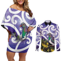 Kekeru New Zealand Matariki Couples Matching Off Shoulder Short Dress and Long Sleeve Button Shirt Kukupa Kowhai Maori New Year Purple Version LT14 Purple - Polynesian Pride