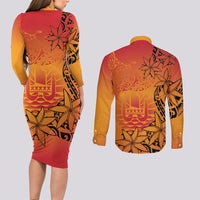 French Polynesia Manta Ray Tattoo Couples Matching Long Sleeve Bodycon Dress and Long Sleeve Button Shirt Tahiti Hahalua Tiare Maori Gradient Style LT14 - Polynesian Pride