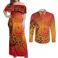 French Polynesia Manta Ray Tattoo Couples Matching Off Shoulder Maxi Dress and Long Sleeve Button Shirt Tahiti Hahalua Tiare Maori Gradient Style LT14 Orange - Polynesian Pride