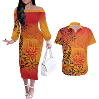 French Polynesia Manta Ray Tattoo Couples Matching Off The Shoulder Long Sleeve Dress and Hawaiian Shirt Tahiti Hahalua Tiare Maori Gradient Style LT14 Orange - Polynesian Pride