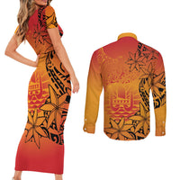 French Polynesia Manta Ray Tattoo Couples Matching Short Sleeve Bodycon Dress and Long Sleeve Button Shirt Tahiti Hahalua Tiare Maori Gradient Style LT14 - Polynesian Pride
