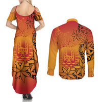 French Polynesia Manta Ray Tattoo Couples Matching Summer Maxi Dress and Long Sleeve Button Shirt Tahiti Hahalua Tiare Maori Gradient Style LT14 - Polynesian Pride