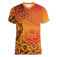 French Polynesia Manta Ray Tattoo Women V-Neck T-Shirt Tahiti Hahalua Tiare Maori Gradient Style LT14 Female Orange - Polynesian Pride