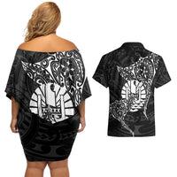 French Polynesia Manta Ray Tattoo Couples Matching Off Shoulder Short Dress and Hawaiian Shirt Tahiti Hahalua Turtle Shark Black Color LT14 - Polynesian Pride