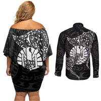 French Polynesia Manta Ray Tattoo Couples Matching Off Shoulder Short Dress and Long Sleeve Button Shirt Tahiti Hahalua Turtle Shark Black Color LT14 - Polynesian Pride